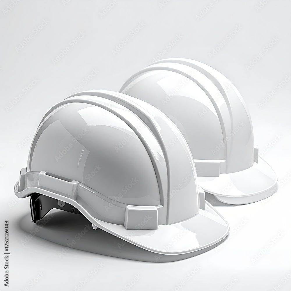 Fototapeta premium Two White Hard Hats Ready for Construction Safety Work.