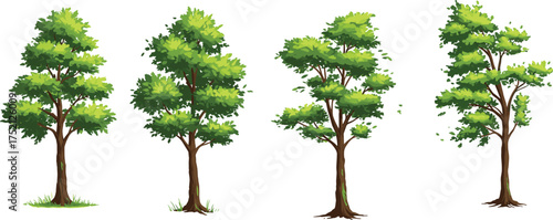 Green deciduous tree collection vector illustration with natural foliage variations, abstract landscape design elements for nature, environment, and creative artwork