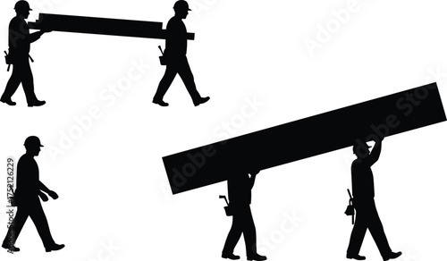 Construction workers carrying heavy wooden planks, teamwork effort, silhouette illustration, builder labor, black and white vector concept art