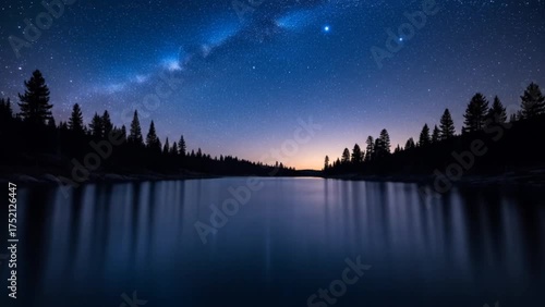 Tranquil night sky reflected on calm lake surrounded by pine trees with stars and soft twilight horizon. Nature landscape concept