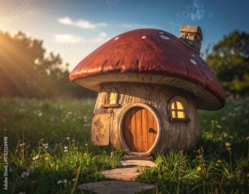 Enchanted Mushroom Cottage: A whimsical mushroom-shaped cottage nestled in a sun-drenched meadow, exuding charm and fantasy with its inviting doorway and glowing windows.