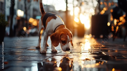 Fototapeta Naklejka Na Ścianę i Meble -  Beagle puppy exploring city streets at sunset with reflections. National Walk Your Dog Week