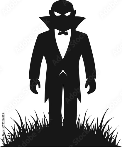 Vampire silhouette illustration, Dracula horror figure, gothic monster artwork, spooky Halloween design, eerie night character, haunted vampire graphic, dark supernatural artwork