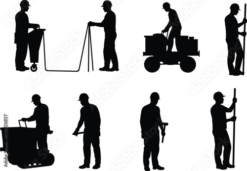 Construction worker silhouettes, manual labor, industrial tools, hard hats, equipment handling, black figures, job site activity, physical work, safety gear, teamwork