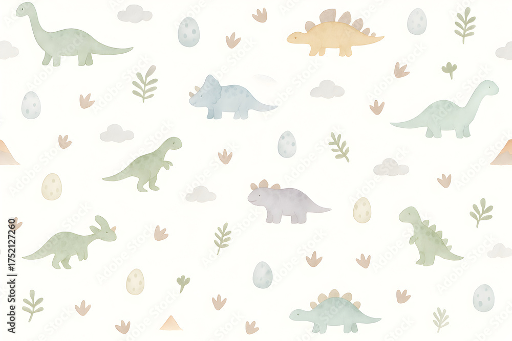 Fototapeta premium Dinosaurs tiny mini ditsy pattern with half-scale sauropod stegosaurus triceratops eggs ferns clouds and footprints airy seamless