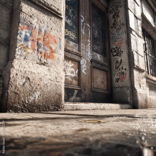 Weathered building facade with graffiti-covered walls and a worn wooden door. Urban decay and artistic expression intertwine.