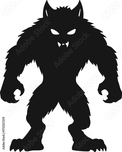 Werewolf silhouette illustration, scary monster artwork, spooky Halloween design, gothic horror creature, eerie night figure, dark fantasy graphic, supernatural beast drawing