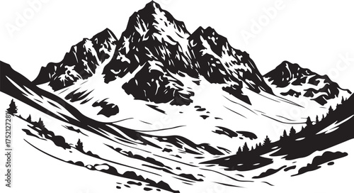 Dramatic mountain range illustration with snow and evergreen trees below