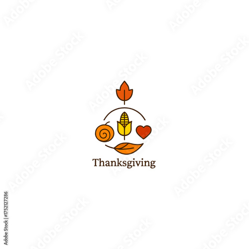 Thanksgiving Icons with Autumn Leaves, Corn, and Heart Design