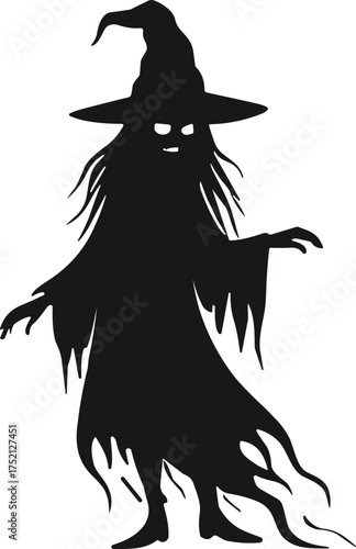 Witch silhouette illustration, spooky Halloween artwork, eerie magical figure, haunted sorceress design, dark mystical character, creepy supernatural drawing, gothic horror witch
