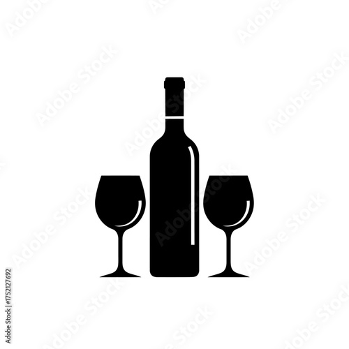 Elegant wine bottle and two glasses silhouette vector illustration.