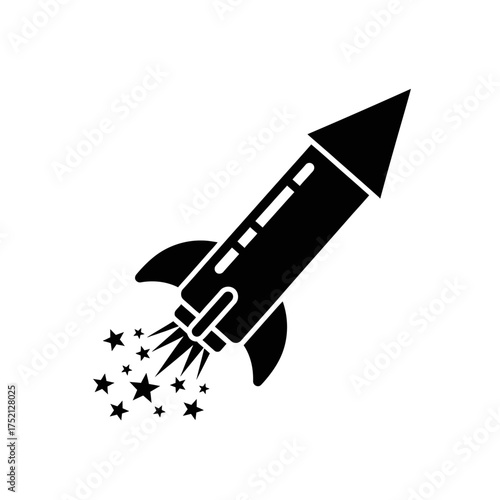 Black rocket ship icon with stars blasting off into space for exploration.