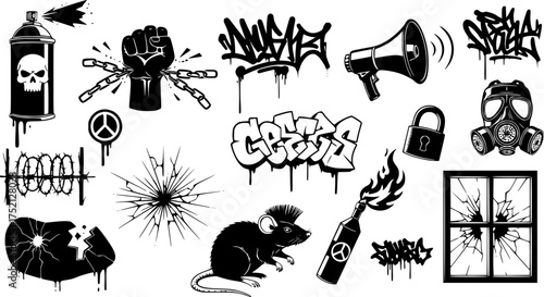 Urban street art featuring edgy graffiti elements, rebellion symbols, and anti-authority themes. Underground subculture, flash tattoo, graffiti, street art, criminal isolated elements. Vector graphic