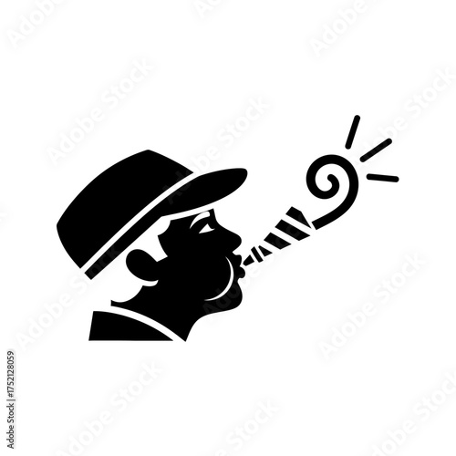 Man Wearing Hat Blowing Party Horn.