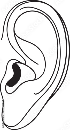 Simple black and white line drawing of a human ear illustration