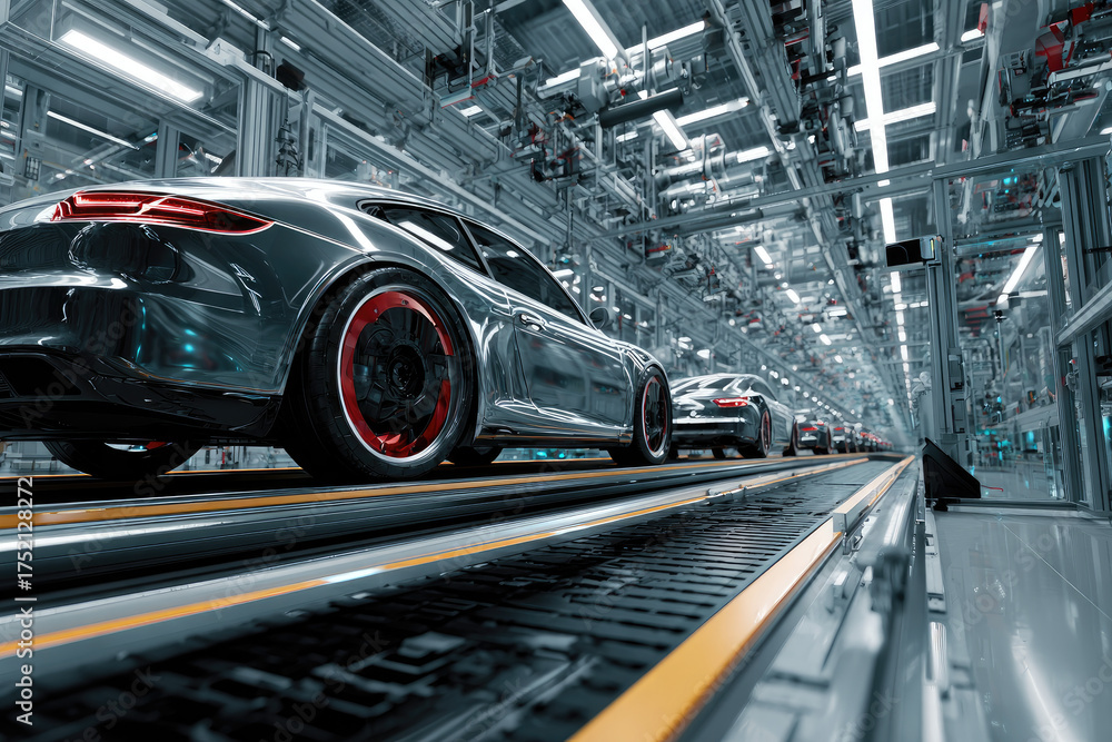 Fototapeta premium EV Production Line on Advanced Automated Smart Factory. High Performance Electric Car Manufacturing. Car Batteries Installation on Electric Vehicles on Assembly line. Automotive Plant.
