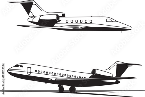 Detailed illustration of two private jets in black and white tones