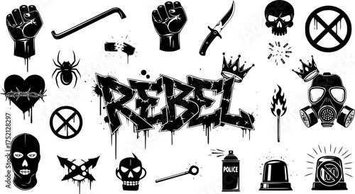 Urban street art featuring edgy graffiti elements, rebellion symbols, and anti-authority themes. Underground subculture, flash tattoo, graffiti, street art, criminal isolated elements. Vector graphic