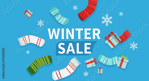 Colorful Winter Sale Illustration with Scarves and Gifts Elements Background