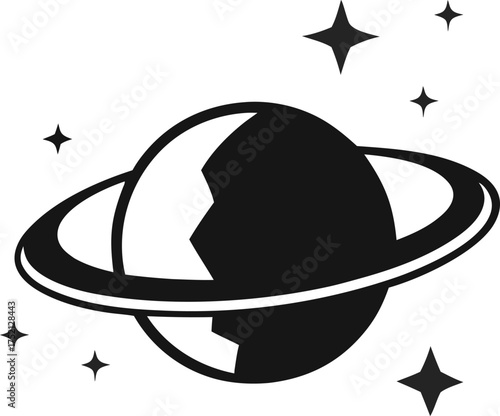 Saturn Ringed Planet Icon with Stars – Space Astronomy Black Vector