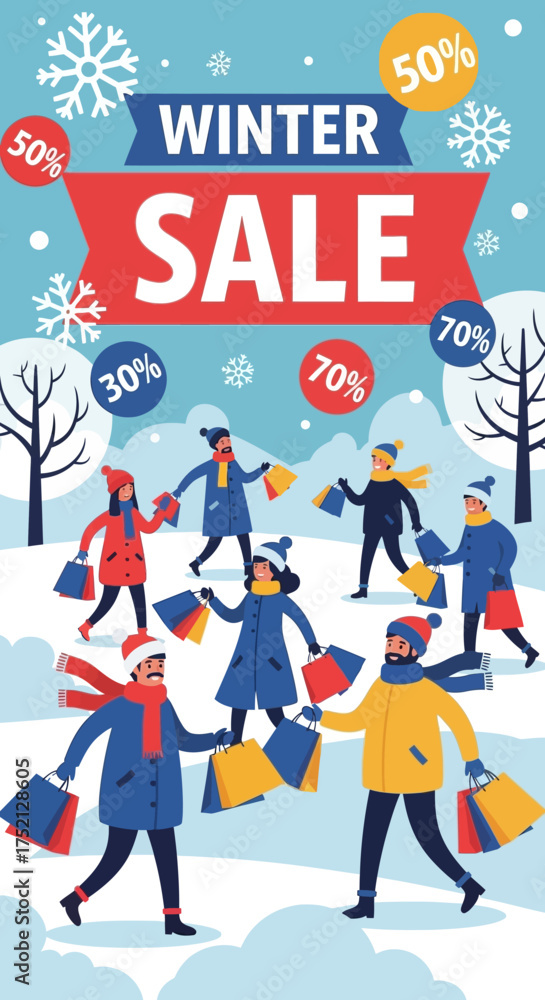 Obraz premium Flat Style Group People Shopping Winter Sale Advertising Illustration