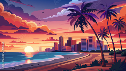 Very beautiful sunset view over South Beach, Ocean Drive, Miami, Florida, with glowing sky, palm silhouettes, and reflections on the shimmering coastal waters.
