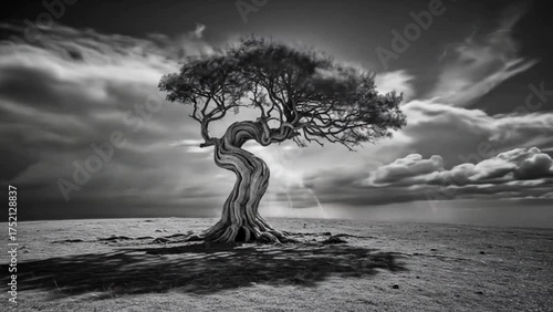 Lone twisted tree standing in barren desert landscape under dramatic sky with sunlight breaking through clouds. Nature fine art concept