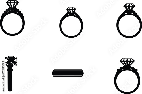 Engagement ring silhouette, diamond jewelry icon, wedding band vector, black outline illustration, romantic symbol, bridal accessory, love, marriage, proposal