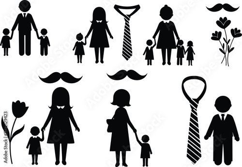 Family icons, Father's Day symbols, Mother's Day elements, necktie, mustache, flower silhouette, parent child figures, black vector, holiday design