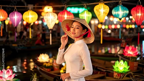 A beautiful Asian girl posing at night by the river with colorful glowing lights. Southeast Asia travel and tourism concept
