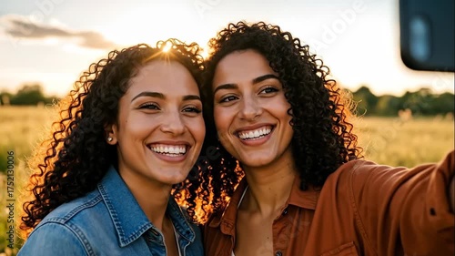 Two happy young women taking a selfie with a smartphone outdoors. Best friends smiling together in a sunlit field at sunset. Friendship and technology concept
