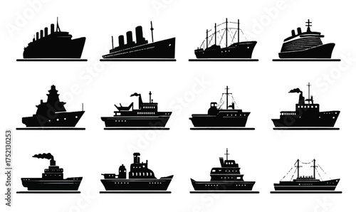 Silhouette collection of various ships boats vessels in black and white illustration set on a plain background graphic representation