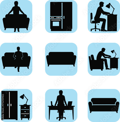 Collection of stylized lifestyle and home icon silhouettes on blue backgrounds vector design