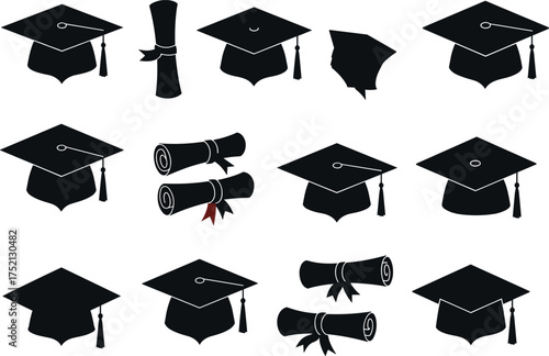 Graduation icons, diploma scrolls, mortarboard caps, academic celebration symbols, black silhouette vector, education achievement, school ceremony, university success, design elements