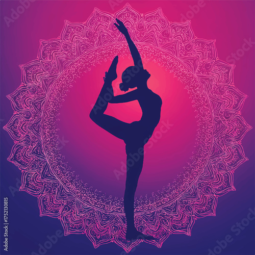 Silhouette of Woman Practicing Yoga in Natarajasana Pose with Ornate Mandala Backdrop Radiating Serenity and Balance