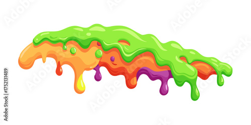 Cartoon slime drips. Colorful gelatin goo, color glue, mucus, sticky paint sludge. Toxic phlegm blob, jelly texture, slimy snivel. Jell splashes, Halloween decoration. Vector .