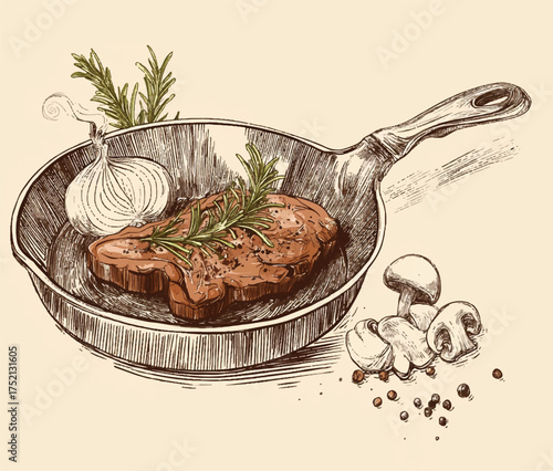 Steak sizzling in a cast iron pan with rosemary garlic and mushrooms illustration