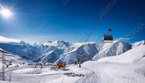 gudauri ski resort gondola ski lift and snow covered caucasus mountains in distance gudauri georgia