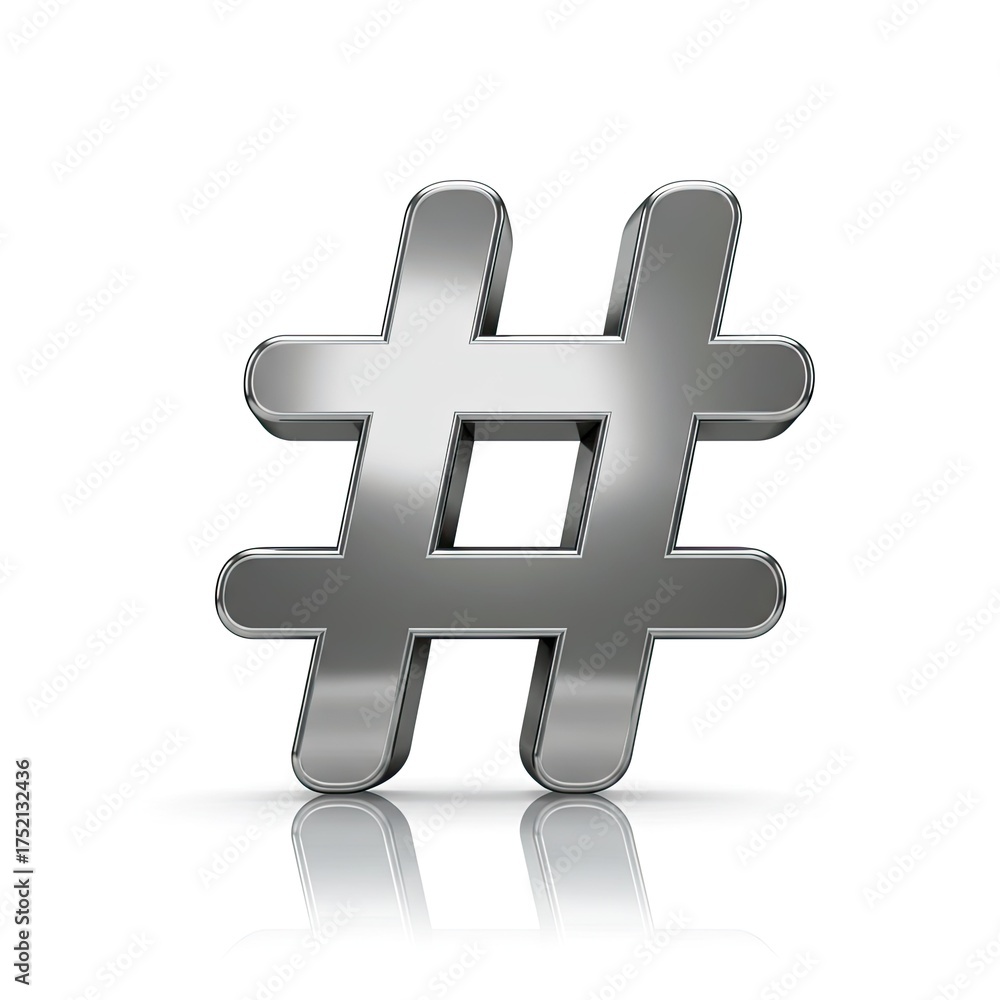 Obraz premium Shiny Metallic Hashtag Symbol Rendered with Realistic 3D Chrome Texture and Subtle Reflection on a Clean White Background Emphasizing Digital