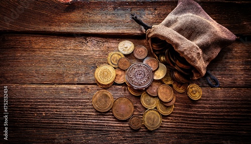 antique coins pour from rustic pouch onto aged wood worn metal gleams in warm light copy space for financial or historical themes concept of ancient money wealth treasure hunting
