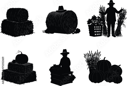 Harvest season, farming silhouettes, hay bales, pumpkins, rural life, agriculture, autumn crops, farmer icon, vegetable crate, fall produce, countryside