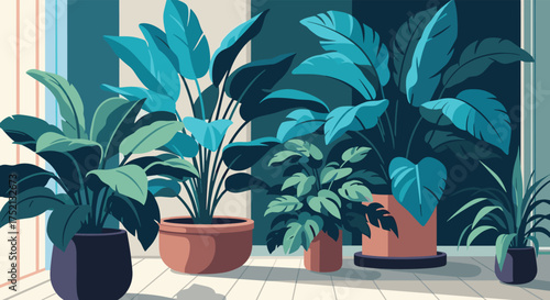 A collection of various green potted plants displayed indoors by a sunny window creating a peaceful indoor garden.