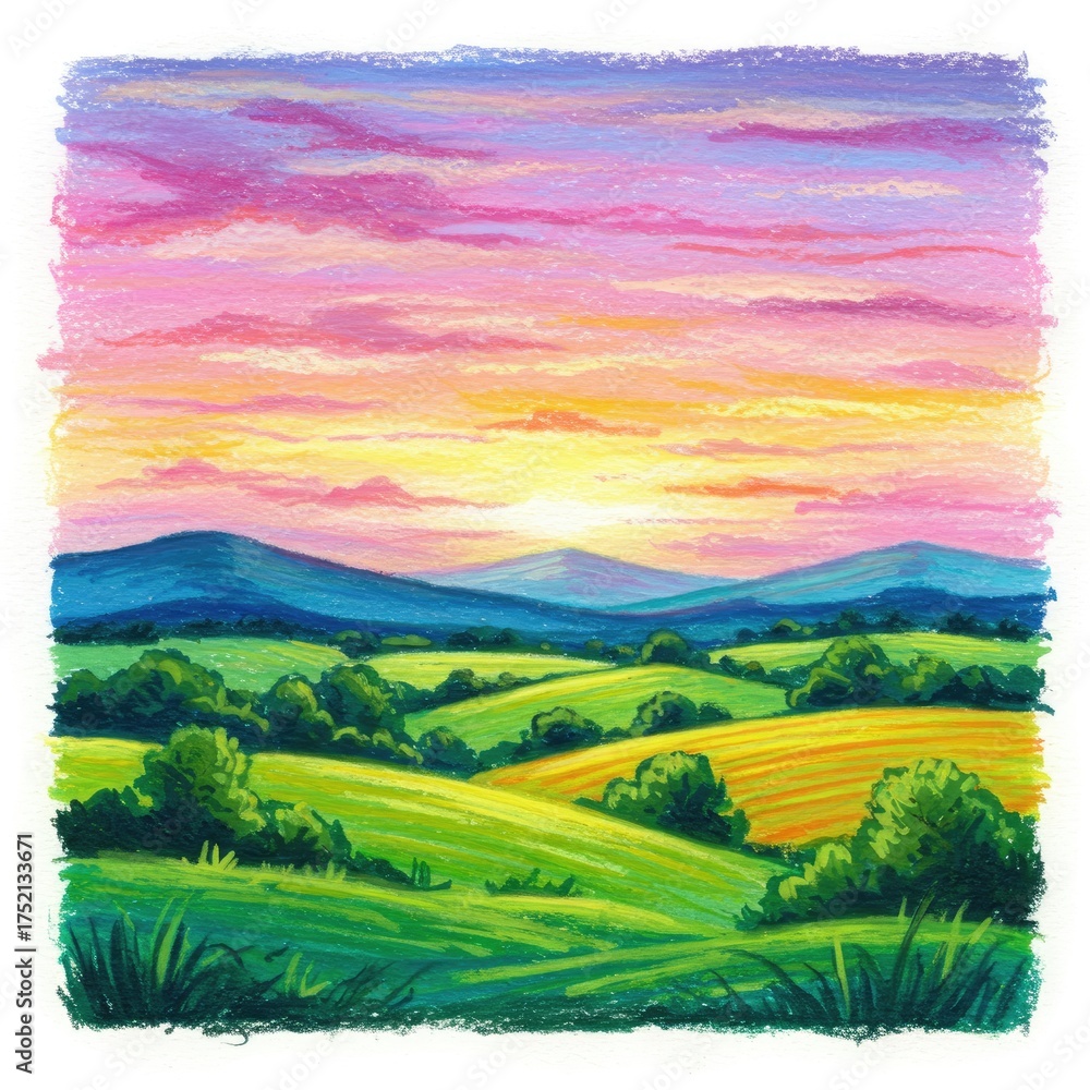 Fototapeta premium Vibrant Pastel Landscape Painting of Rolling Hills During a Fiery Sunset with a Dramatic Pink and Orange Sky Casting Warm Light Across the Verdant