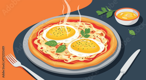 A delicious breakfast pizza with two eggs and melted cheese on a plate.