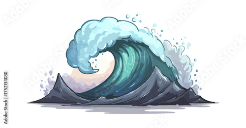 Stylized cartoon ocean wave cresting over dark rock formation illustration