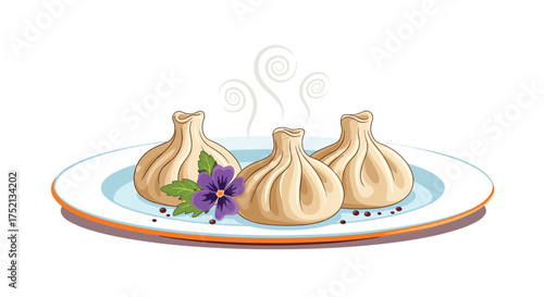 Delicious khinkali dumplings on a white plate with purple flowers and peppercorns.