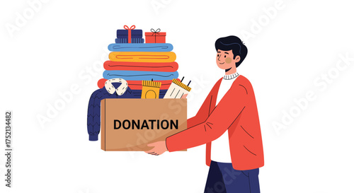 A person carrying a box with clothes and gifts for donation.