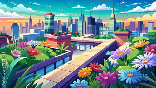 Very beautiful rooftop garden full of colorful daisies overlooking modern city skyline, blending nature and urban life in a peaceful green space.
