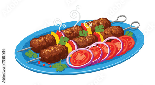 Delicious grilled kebob skewers served with fresh tomato and onion slices.