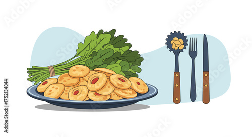 A plate of freshly baked round biscuits topped with herbs and spices served with cutlery.
